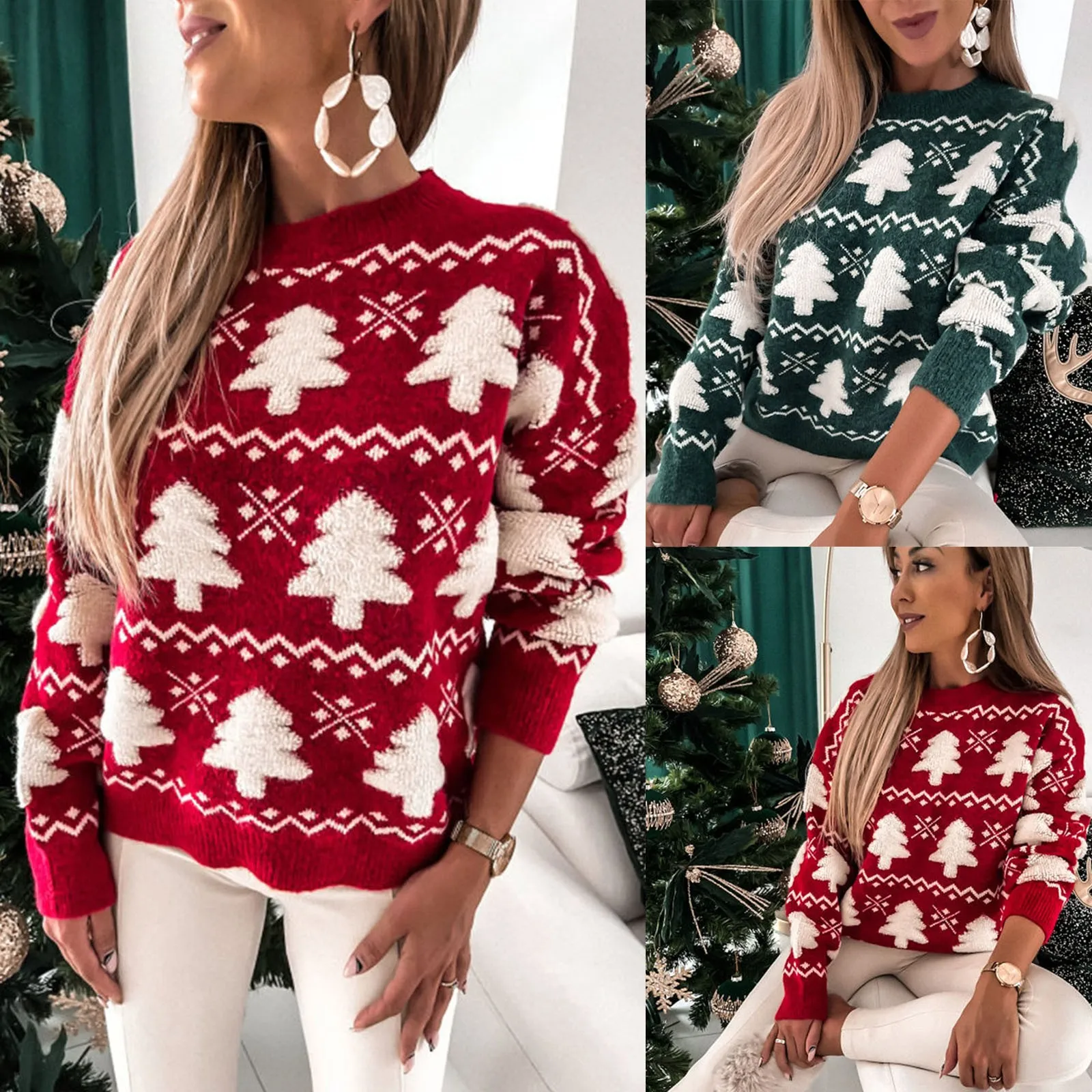 Suéter de Navidad feo de punto con copos de nieve para mujer, jerséis informales de manga larga con cuello alto, Tops, prendas de punto cálidas, jersey de Otoño Invierno