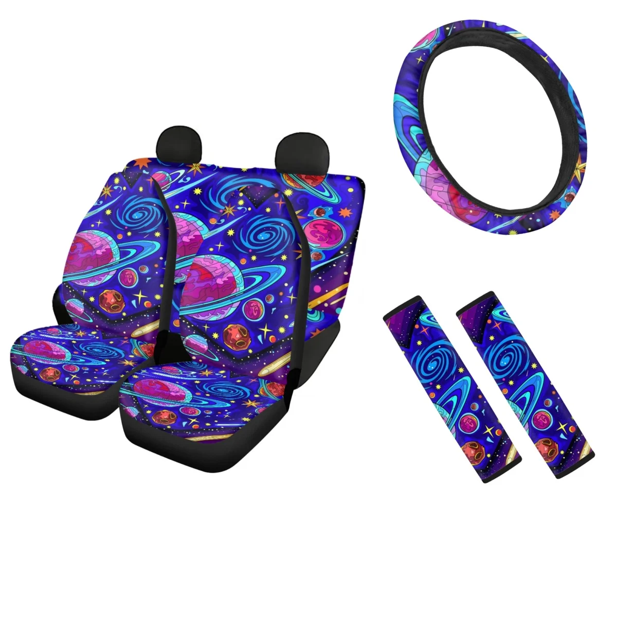 

Car Front and Back Seat Covers Star Universe Design Comfortable Universal Steering Wheel Cover 6pcs Set Fashion Seatbelt Cover