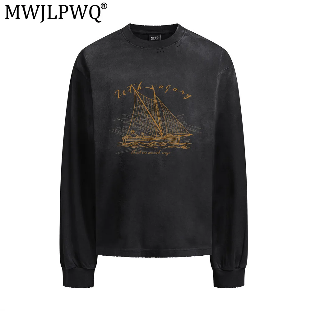 MWJLPWQ Painted Print Distressed Long-Sleeve T-Shirt Punk Style Loose Fit Worn-Out Cotton Round Neck Men's Top 2026 Autumn 17661
