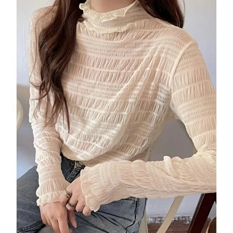 Fashion Women Long Sleeve Tops Korean Streetwear Loose Solid Sexy Club Summer Casual Transparent Thin Folds Tee Shirt