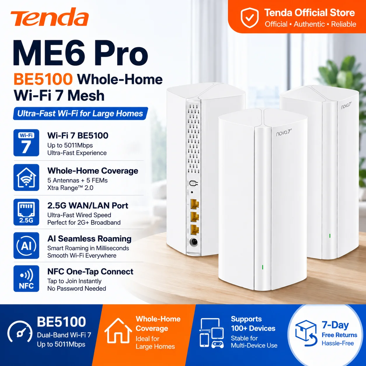 Tenda Router BE5100 Wi-Fi 7 2.4/5GHz Mesh System 2.5G Network Port Dual-Band WAN LAN Wi-Fi7 Wifi Range Extender Network Repeater
