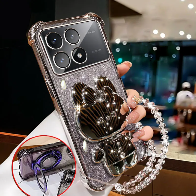 

POCO X6Pro 5G Shockproof Holder Case for Xiaomi poco X6 pro Crystal Bracelet Soft Cover With Cute Rabbit Bracket Cases X 6 pro