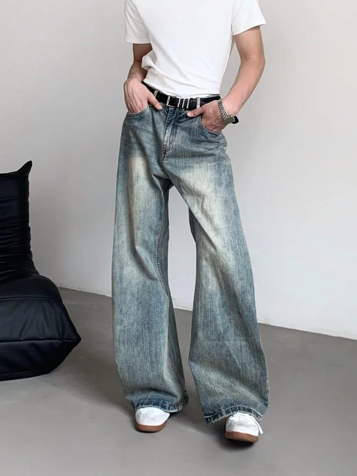 High Waist Straight Leg Men's Denim Jeans Acid Wash Tie Dye Flared Legs Vintage Style Casual Trousers for Youth And Students