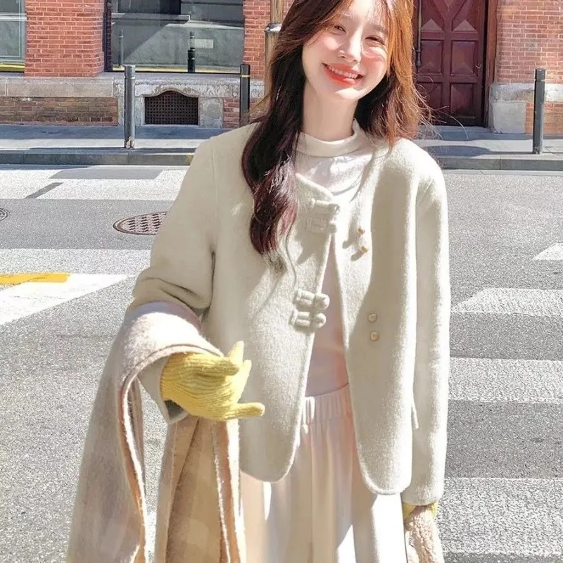 National Style Shows Temperament Versatile Collarless Buckle Autumn and Winter Coat New Chinese Double-sided Imitation Wool Coat