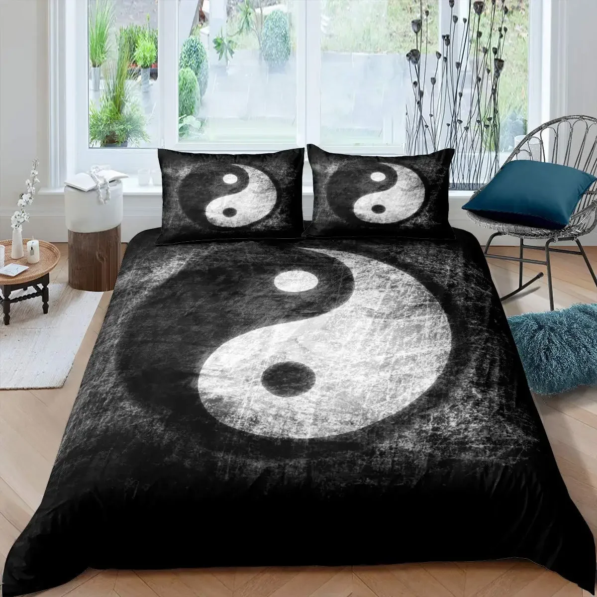Juego de funda de edredón de poliéster, cobertor de edredón con estampado de Yin Yang, arte bohemio Trippy, doble, estampado de chisme, tema tradicional de Ying Yang, tamaño King