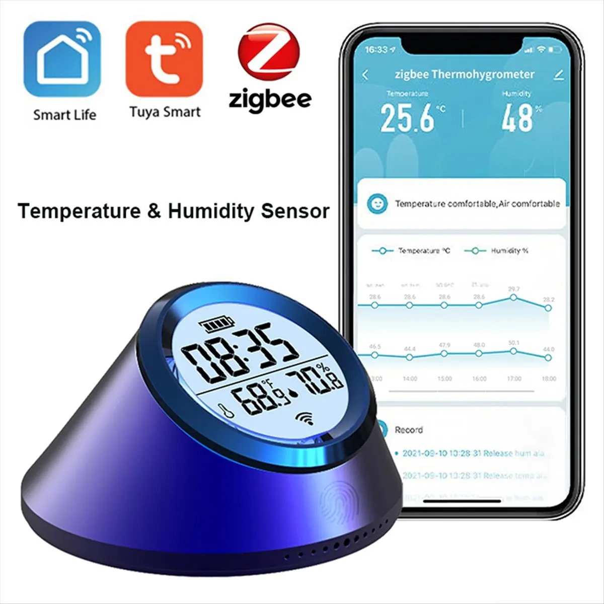 Tuya Zigbee Smart Temperature Humidity Sensor Clock Indoor Thermometer with LCD Display for Home Smart Life-A