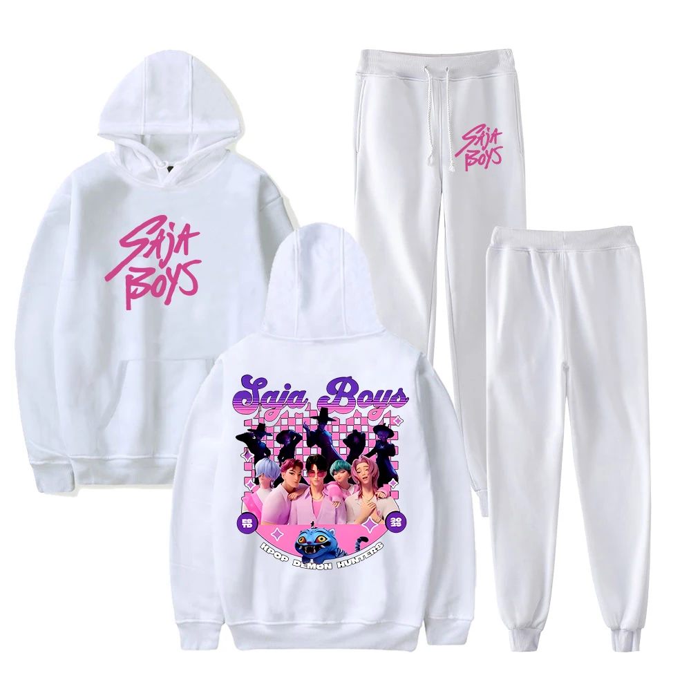 Dibujos animados KPop Demon Hunters Saja Boys Merch sudaderas con capucha Jogger pantalones conjunto de dos piezas sudaderas + pantalones de chándal hombres mujeres conjuntos de trajes