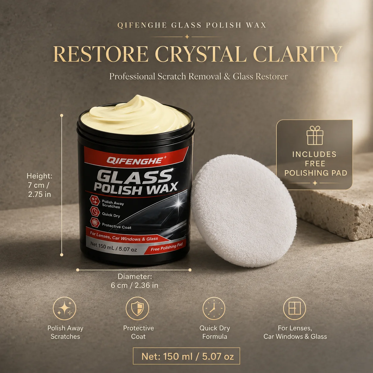 Fast-Acting Glass Polish, Removes Scratches, Restores Transparency, Long-Lasting Shield, 150ml