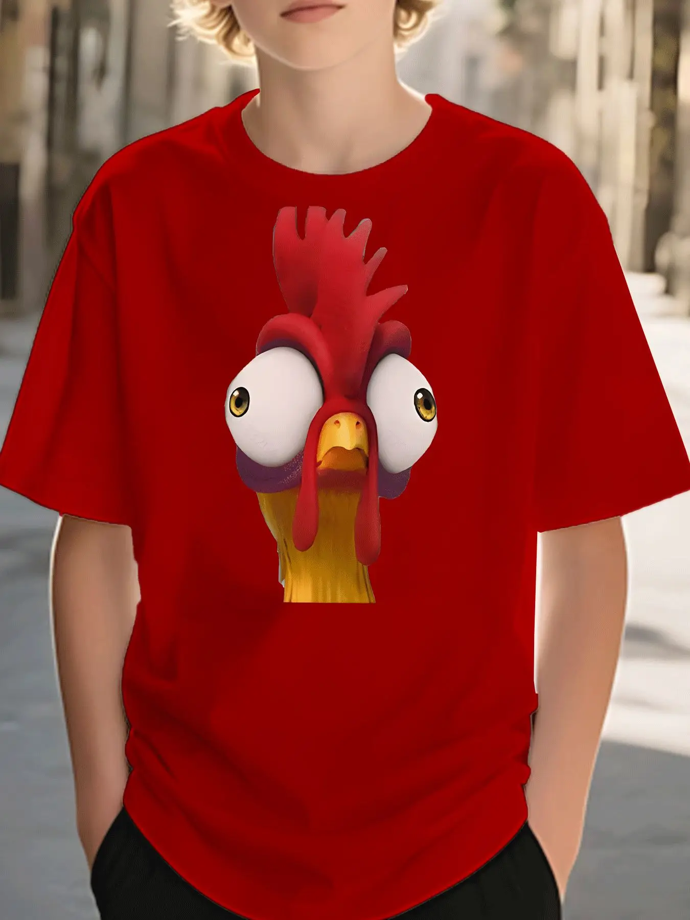 Children's Casual T-shirt with Big Eyes Red Rooster Head Pattern Print Summer Children's Clothing Casual Parent-child Clothing