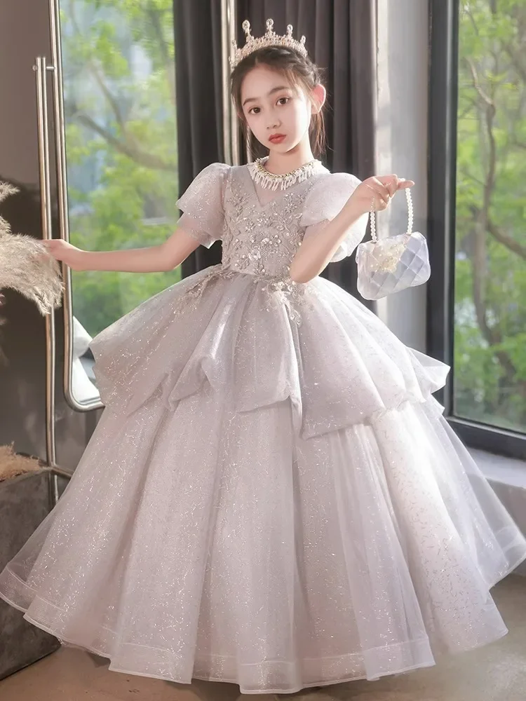 

GUXQD Grey Ball Gown Baby Flower Girl Dresses Appliques Children Wedding Birthday Party Gowns