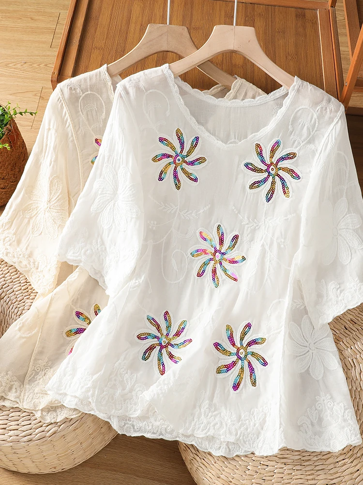 

High-End Artistic Retro Embroidered Heavyweight Short-Sleeve Oversized Shirt Casual Loose Fit Breathable Cotton round Neck