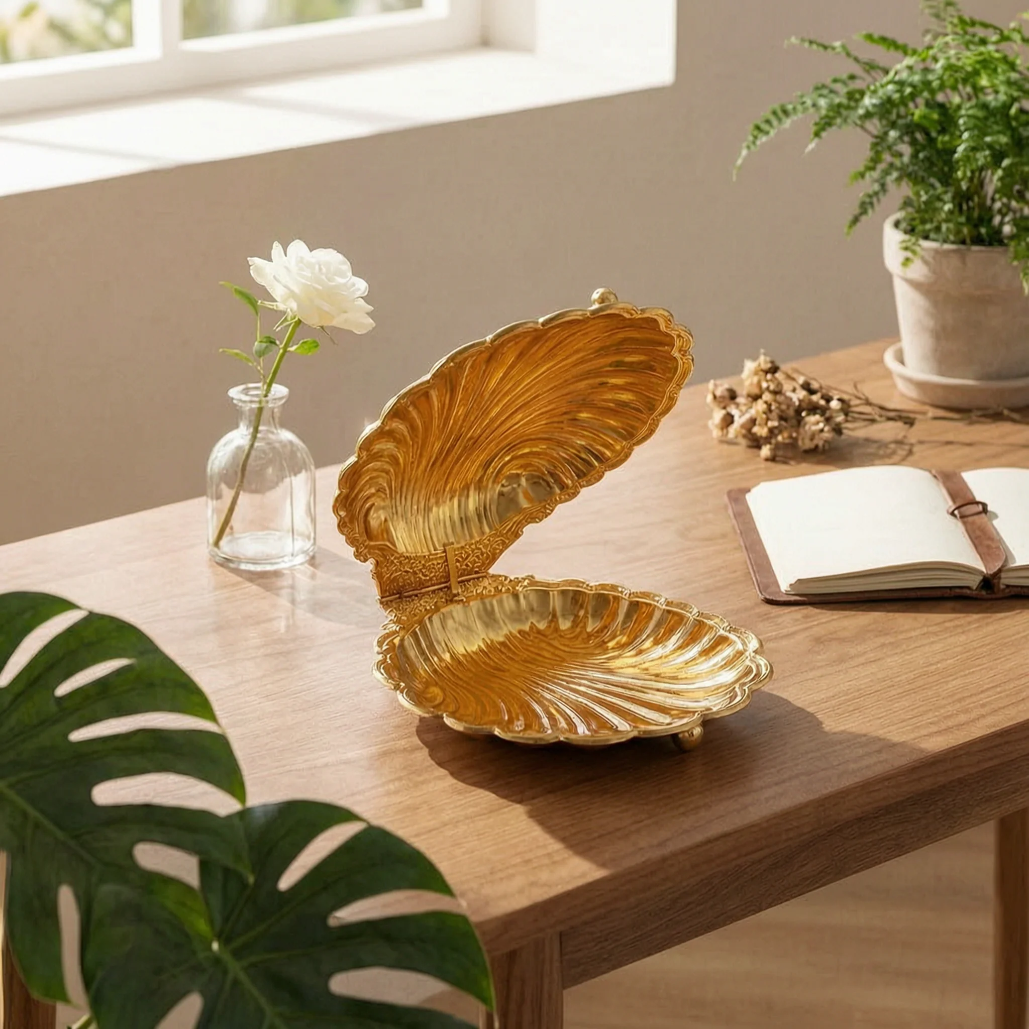 Clam Shell Dish Hinged Shell-Shaped Plate Clamshell Tray Scalloped Candy Dish Tabletop for Hosts, Dining Table, Living Room