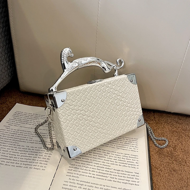 Silver Leopard Metal Handle Bag For Women Designer Chain Crossbody Bag Brand Plaid Handbag Ladies Box Evening Clutch Bag Purse