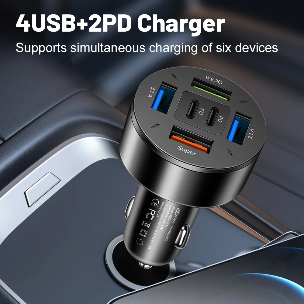 66W Dual PD 6-port Universal Super Fast Charging Conversion Plug Multi-function Mobile Phone Car Charger 4USB Car Charger