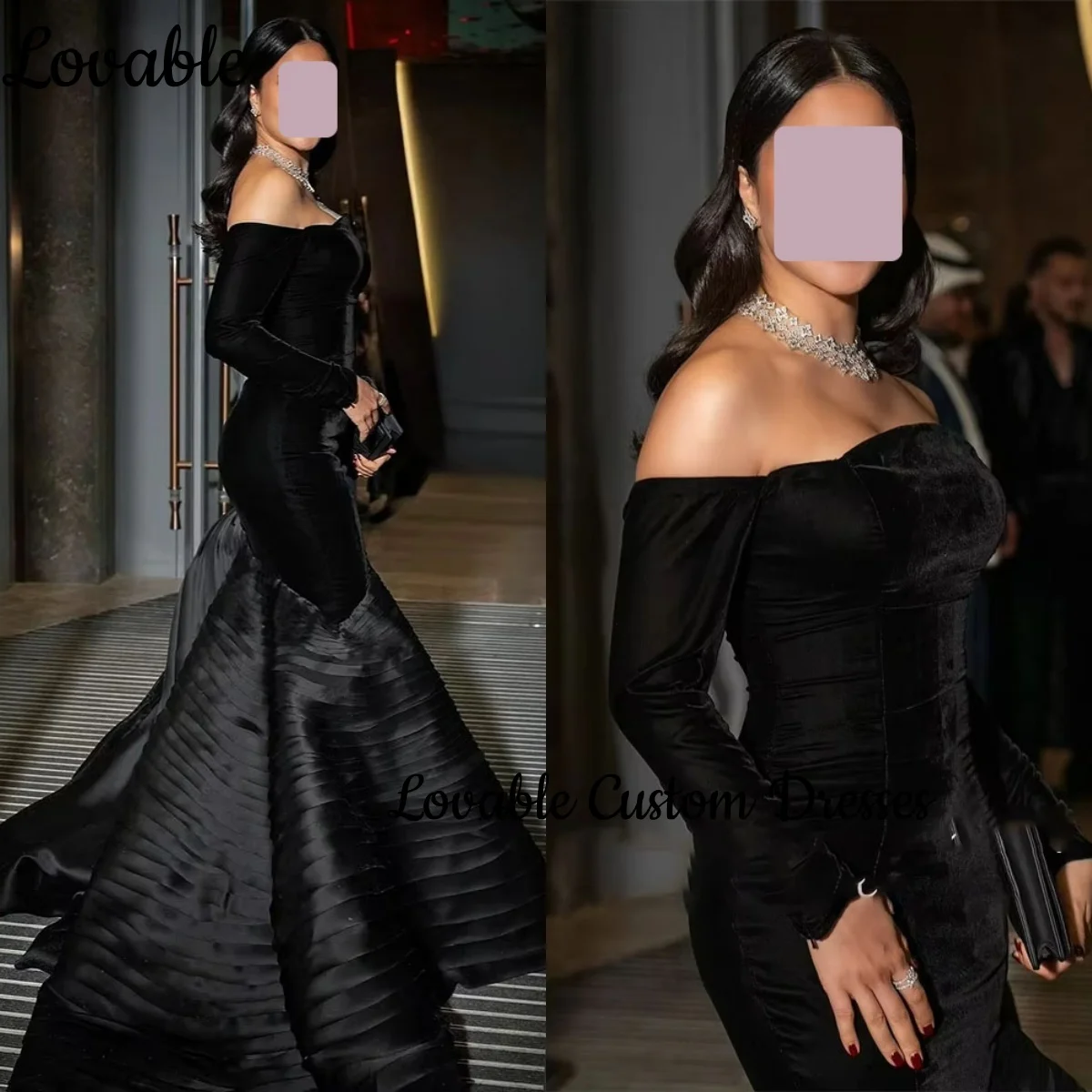 ชุดราตรีสีดำทรงเมอร์เมด แขนยาว เปิดไหล่ สำหรับงานแต่งงาน งานเลี้ยง ยาวกรอมพื้น แต่งระบาย ซิปด้านหลัง