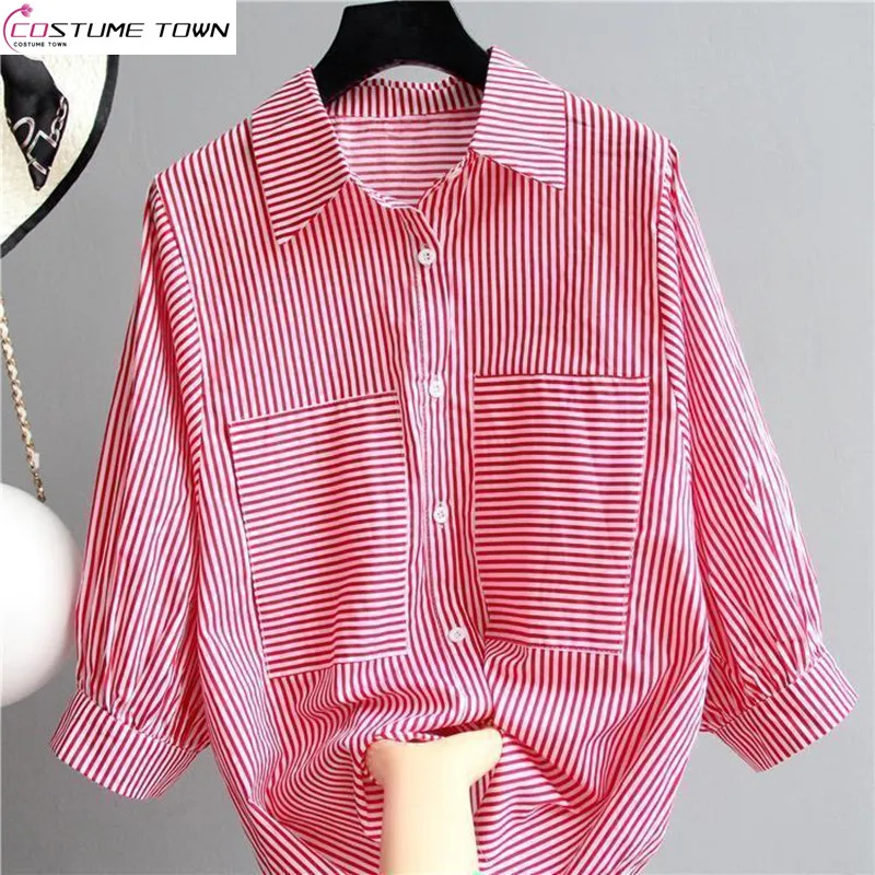 

100% Pure Cotton Striped Shirt for Women's 2024 Spring/summer New Korean Style Versatile Loose Standing Neck Chic Top