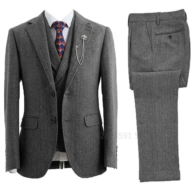 Men 3 Piece Suit Tweed Herringbone Double-Breasted Wedding Tuxedos Size Men Clothing Casual Style Men\'s Fashion Costume Homme