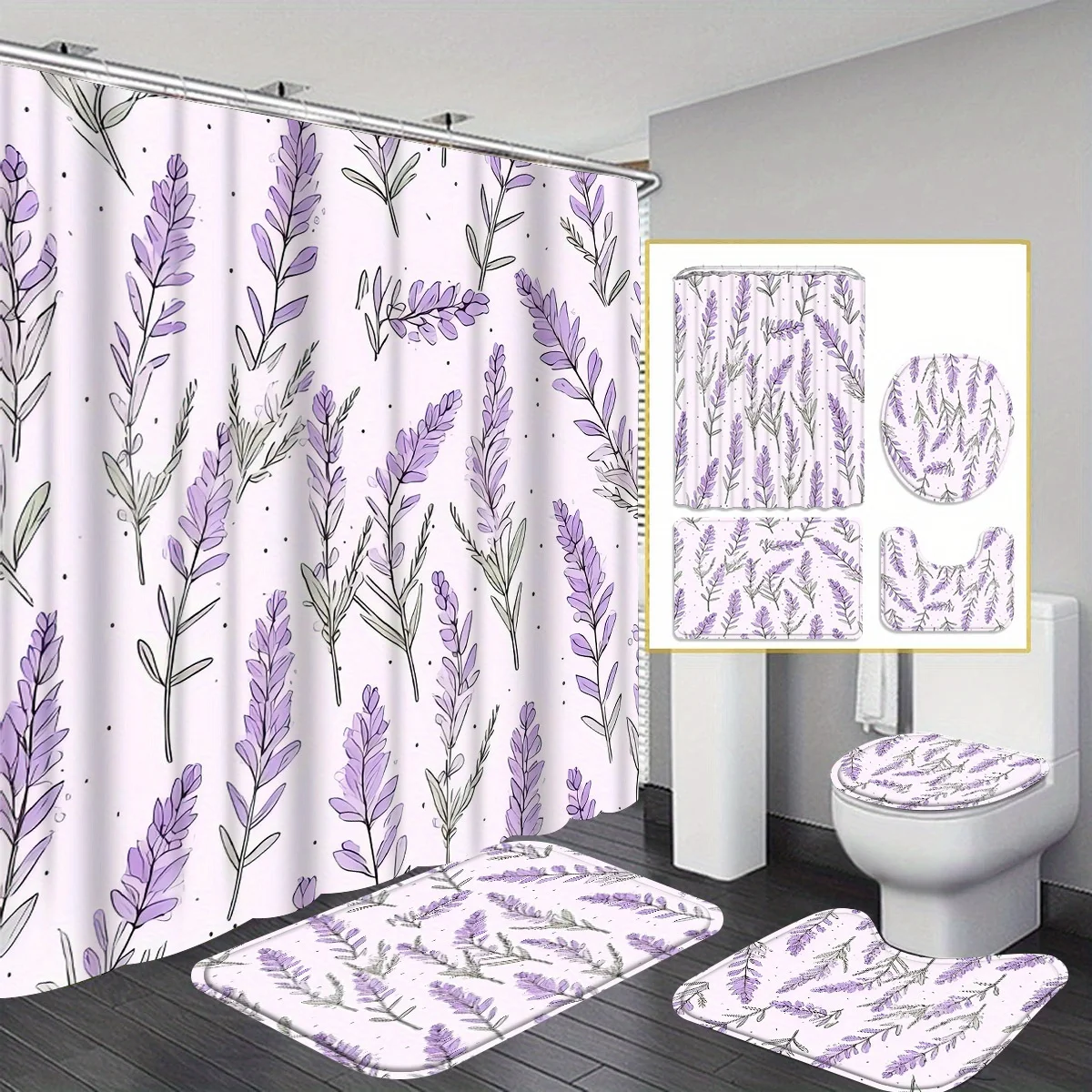 

4pcs shower curtain Bathtub Curtain, Shower Curtain with 12 Hooks, Bath Blanket, Toilet U-shaped Mat, Toilet Lid