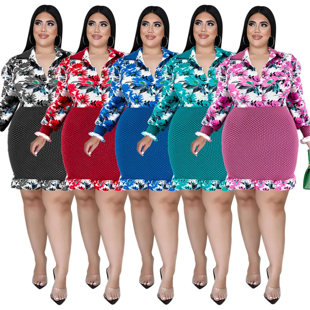 Wmstar Plus Size sukienka kobiety słodki kwiatowy Patchwork guzik falbany rąbek moda odzież wierzchnia sukienki Midi sprzedaż hurtowa Dropshipping