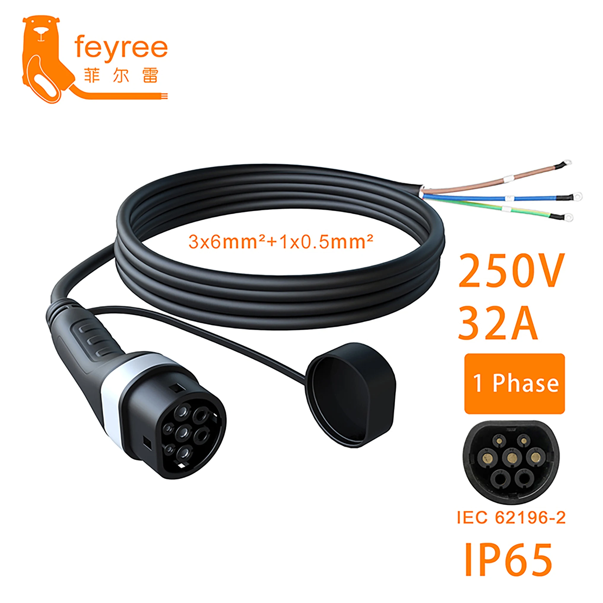 Feyree EV-Ladestecker Typ 2 Steckdose 5m Kabel 16A 3,5kW 32A 7kW 1-Phasig für Fahrzeugseite 16A 11kW 32A 22kW 3-Phasig für Elektrofahrzeuge – Detail 4