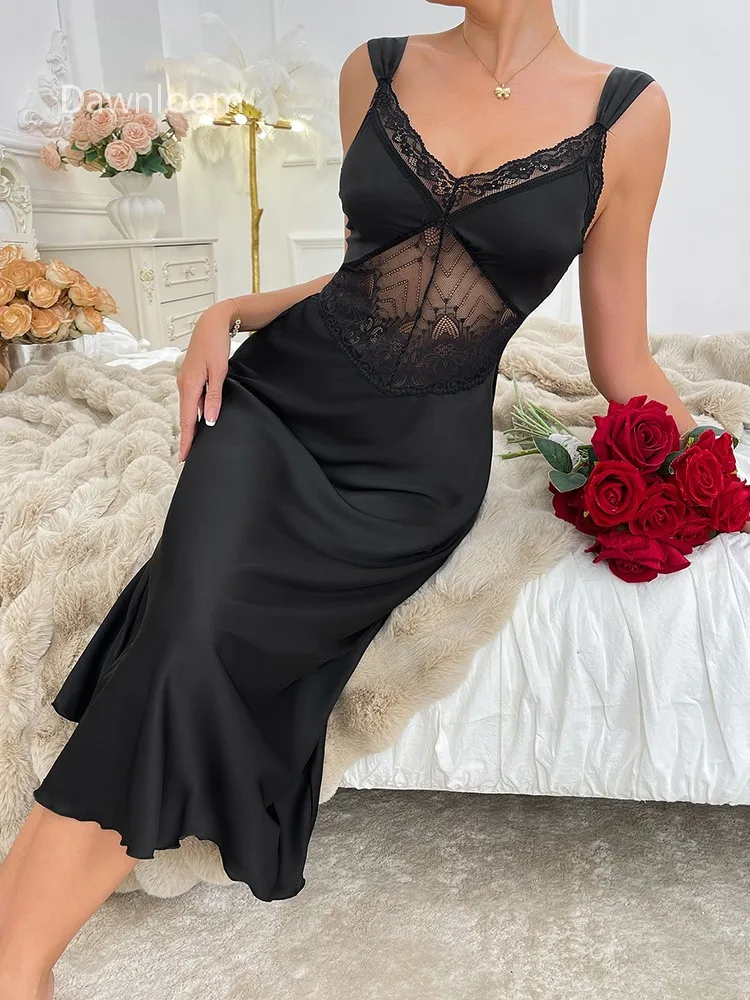 

Dawnloom Black Satin Lace Sheer Thin Strap Long Nightgown for Women Luxury Sexy Premium Home Loungewear