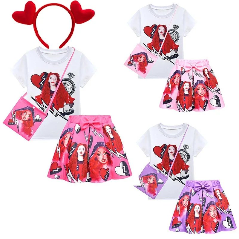 

НовинкаНовый летний комплект одежды Descendants Rise of Girls, красная футболка с короткими рукавами Chloe + шорты, костюм для девочек;3,v'9.e;7'