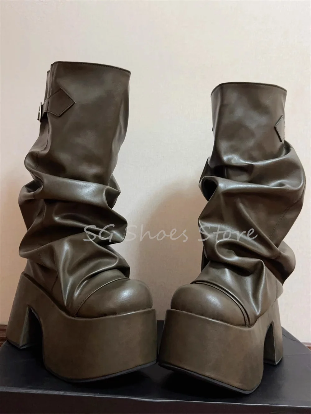 Y2K Retro Rock Big Head Pleated Boots for Women Chunky Bottom Height Increasing Knee Boots Western Cowboys Boots Ladies Shoes