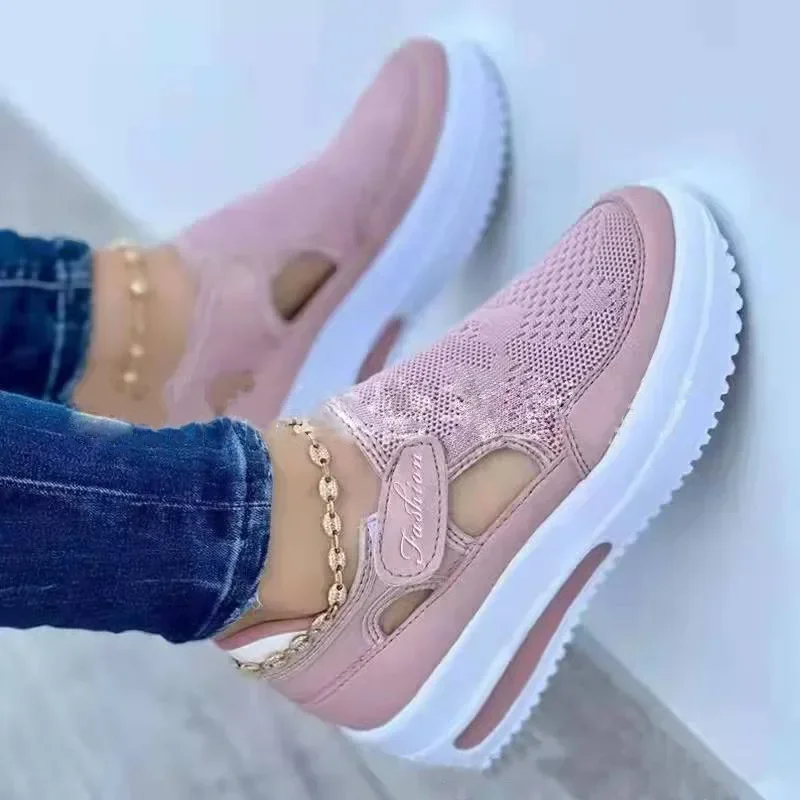 Sepatu olahraga wanita, sepatu wanita vulkanisir kasual Platform untuk wanita sneaker Platform luar ruangan sandal wanita anti selip jala bernapas sepatu olahraga