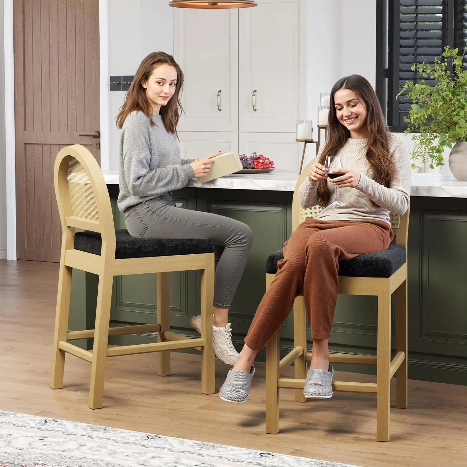Bar Stools 2 Pcs Counter Height Wooden Woven Back & Chenille Seat Mid Century Kitchen Island Black, Customized