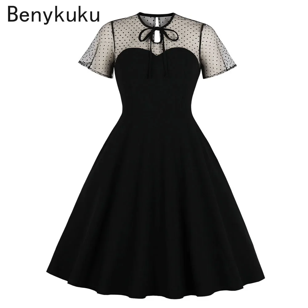 Gothic Girls Sexy Party Dress Black Goth Punk Sexy See Through Stylish Mesh Dress Female Elegant Women Vintage Swing Dresses