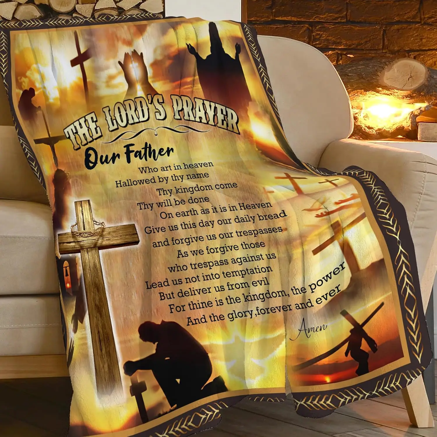 Religious Scripture Lord's Prayer Blanket Spiritual Throw Home Decor Christian Gift Autumn Fall Fleece Cozy Art