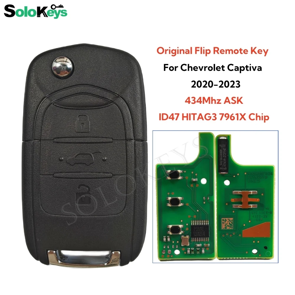 SOLOKEYS Original For 2020-2023 Chevrolet Captiva Flip Folding Remote Car Key 3 Buttons 433MHz ASK With 47 HITAG3 7961X Chip