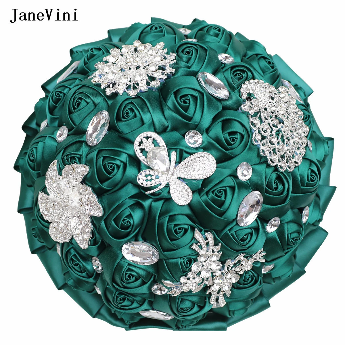 JaneVini Luxury Silver Jewelry Brooch Bridal Bouquets Dark Green Wedding Flowers Artificial Satin Roses Bridesmaid Bride Bouquet