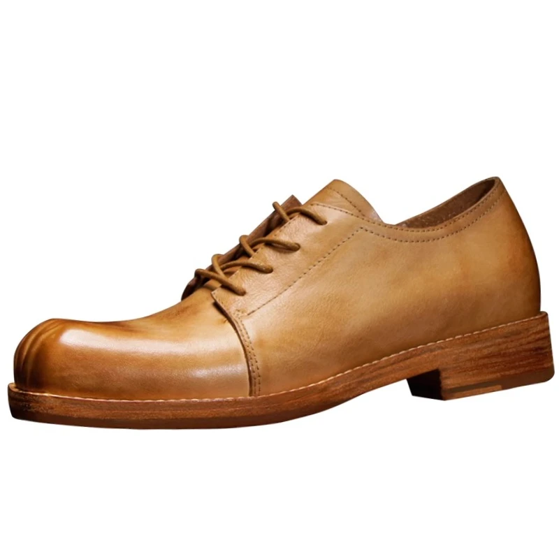 

Retro Square Toe Derby Shoes for Men's Dress Shoes Cowhide Vintage Breathable Comfortable Genuine Leather Thick Sole Casual Shoe