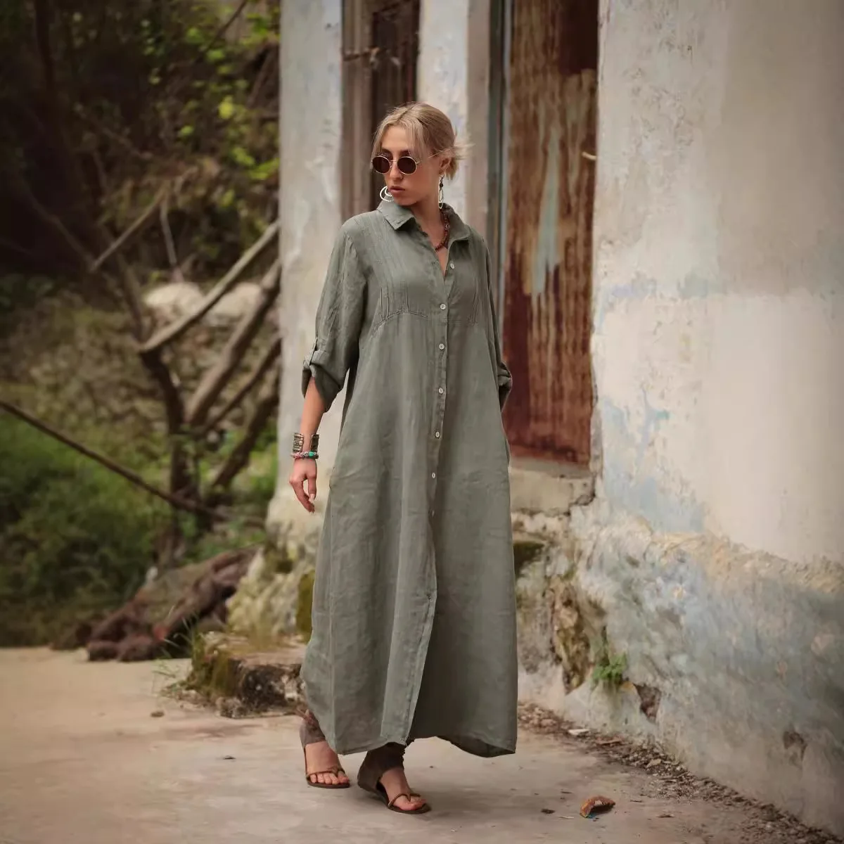 

Solid Color Elegant Simple Dress New 2025 Spring Retro Lapel Long Sleeve Single Chest Commuting Dress Casual Loose Shirt Dress
