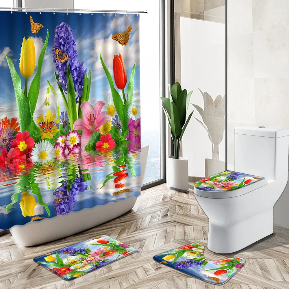 Tulip Butterfly Flower Plant Shower Curtain Garden Spring Scenery Non-Slip Pedestal Rug Toilet Cover Bathroom Deco Bathtub Set