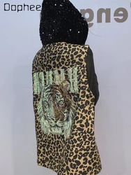 Women's Clothing Hot Diamond Loose Hooded Vest 2024 Winter New Fashion Chic Back Tiger Head Leopard Print Vest Jacket Female