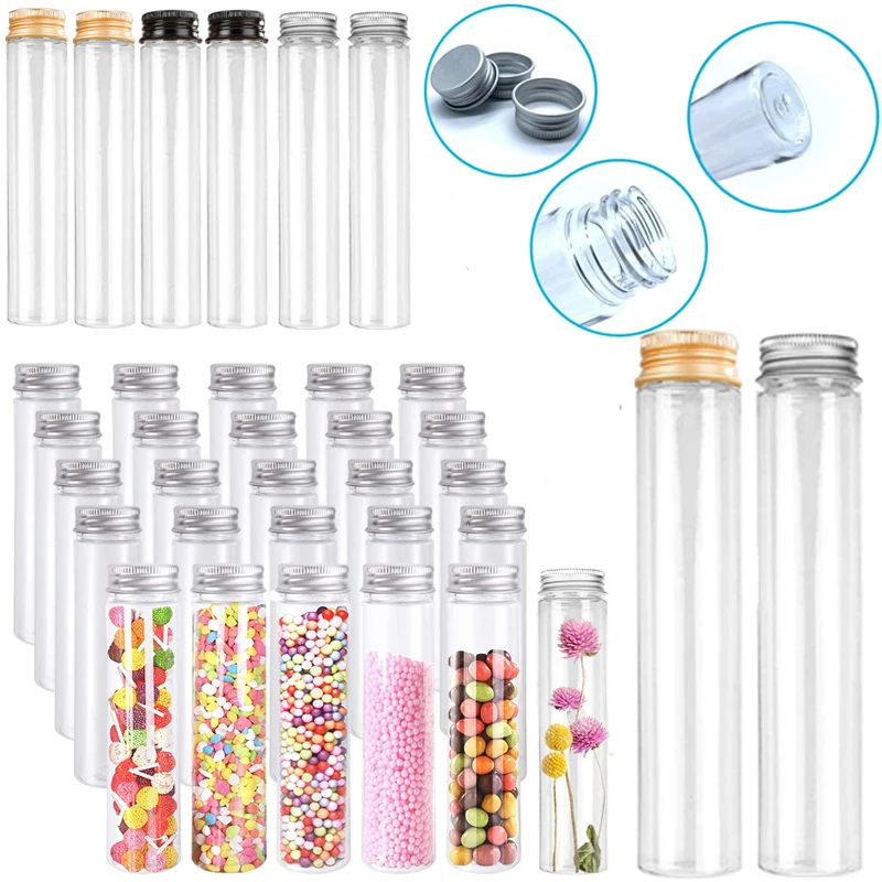 50Pcs 50-110ml Clear Plastic Test Tubes Bottle w/ Aluminum Screw Caps For Spices Dried Flowers  Candy Storage Party Decor Favors