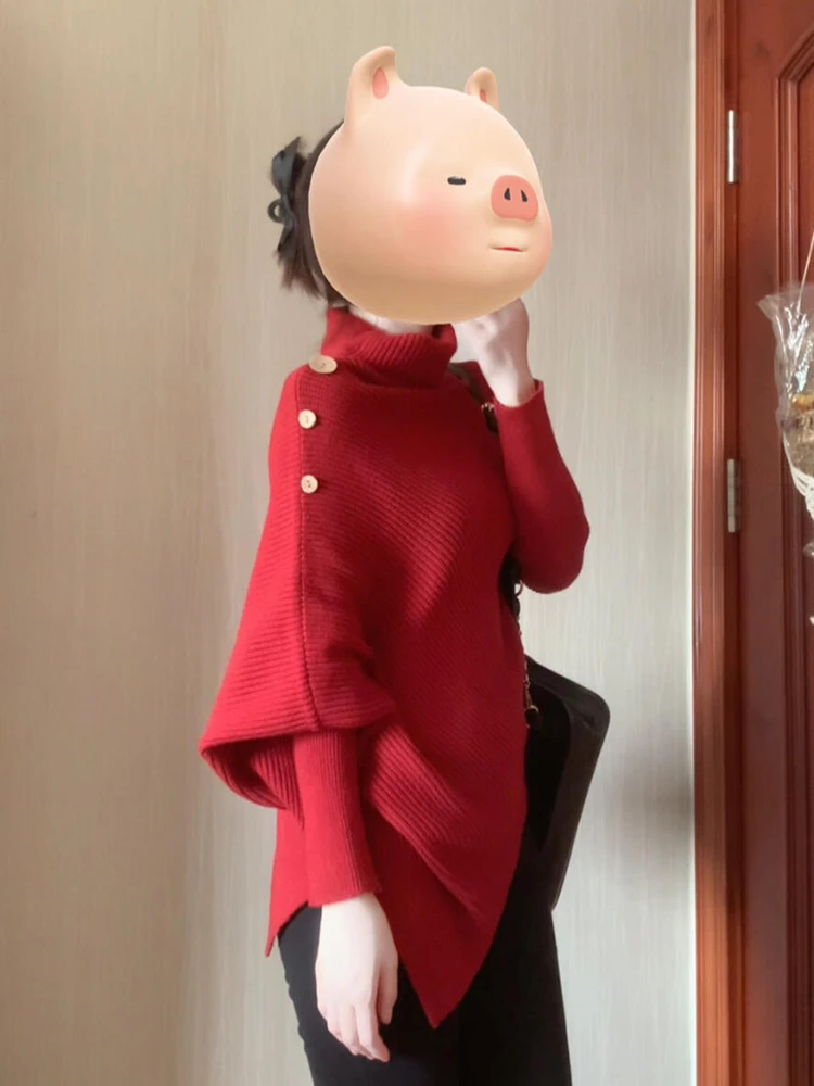 

Красный вязаный свитер с высоким воротником, женский, свободного кроя, зимний, новогодний, модный дизайн, повседневная внутренняя одежда, милый топ с длинными рукавами