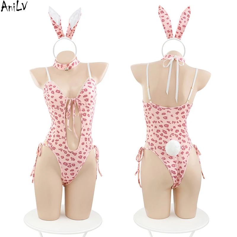 AniLV Bunny Girl Pink Leopard One-piece Swimstuit Unifrom Women Maid Hollow Bodysuit Pajamas Outfits Costumes