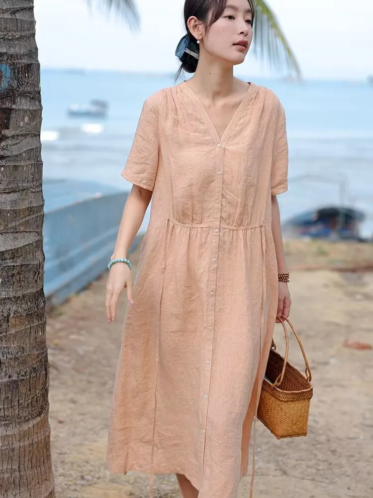 Summer Cotton Linen V Neck Long Dress Women Single Breasted Solid V Neck Lace Up Csaual Loose Holiday Vestidos X1240