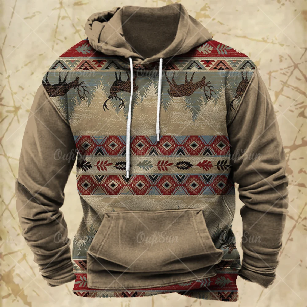 Men Hooded Vintage Print Sweatshirt Ethnic Style Hoodie Autumn and Winter Oversized Casual Men\'s Clothing Daily Street Pullover