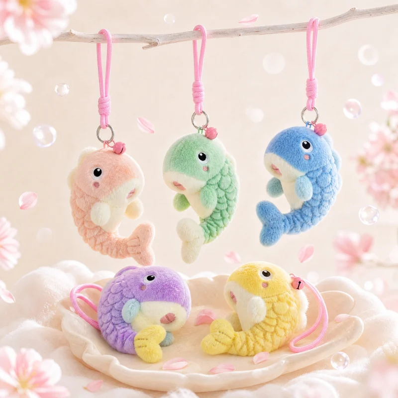 Multi colored optional macaron colored koi plush pendant, cute bell, small fish doll bag, hanging rope, good luck koi keychain