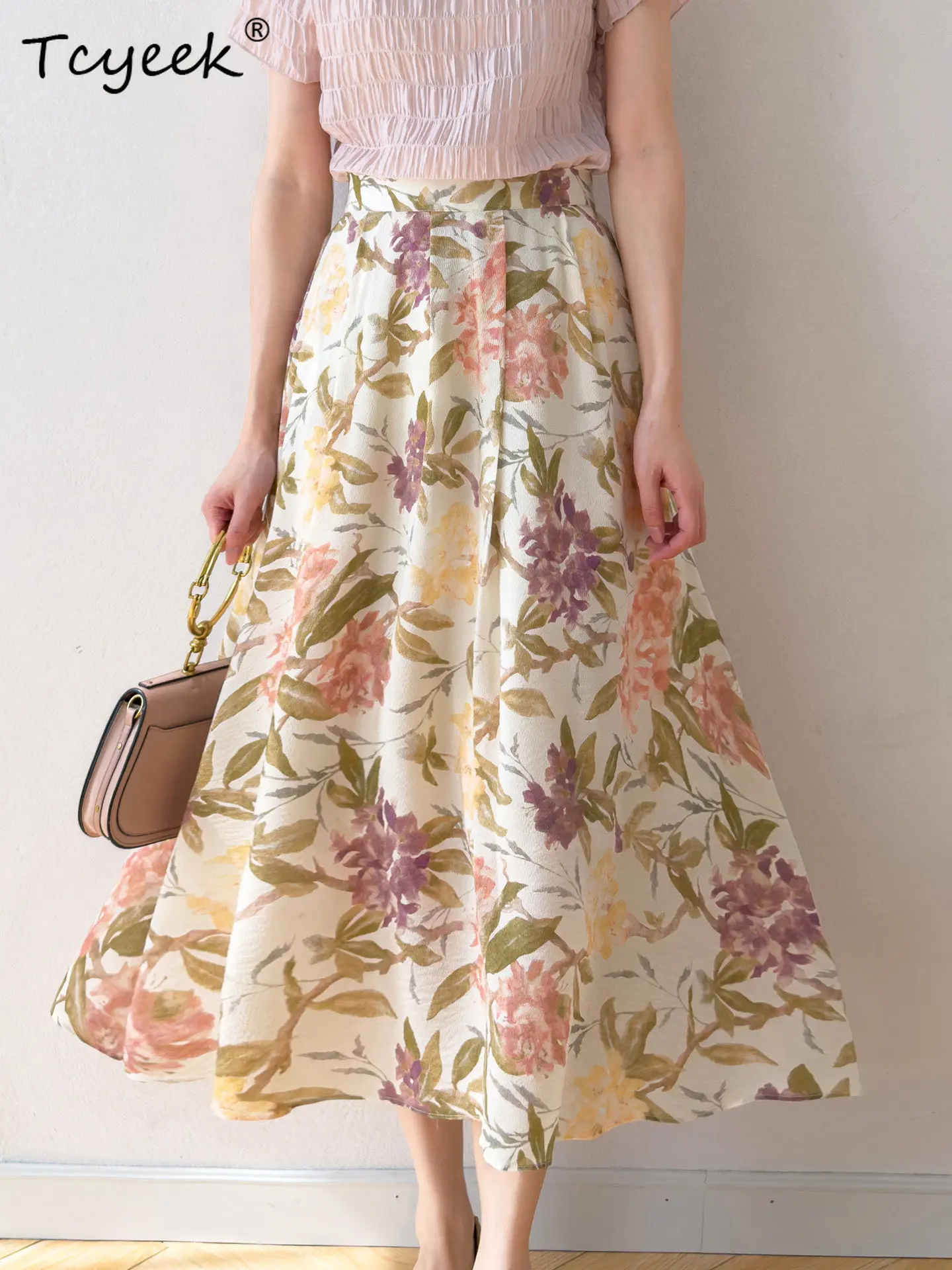 Tcyeek 100% Real Silk Womens Skirts 2026 Elegant Fashion Beach Skirt for Woman Summer Clothes French Floral Faldones Para Mujer