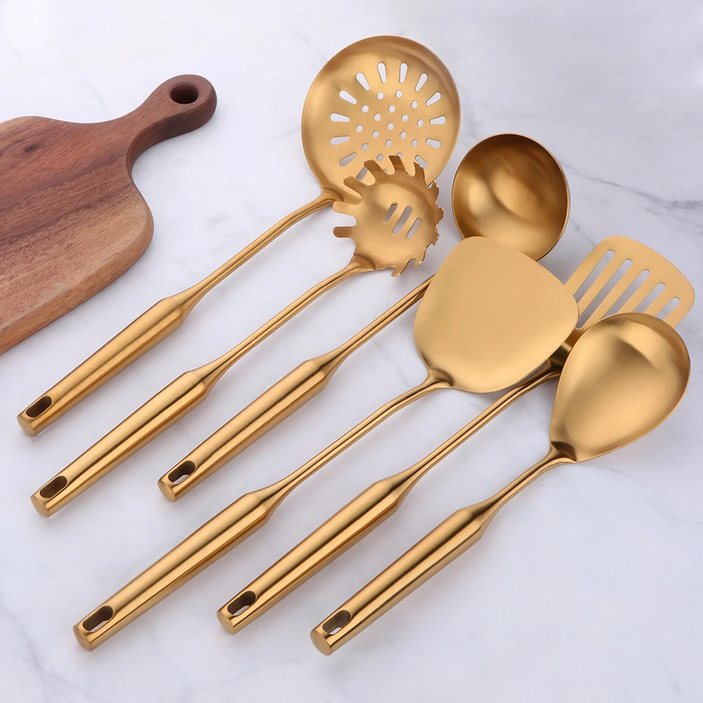 1-10PCS Stainless Steel CookwarLong Handle Set Gold Cooking Utensils Scoop Spoon Turner Ladle Cooking Tools Kitchen Utensils Set