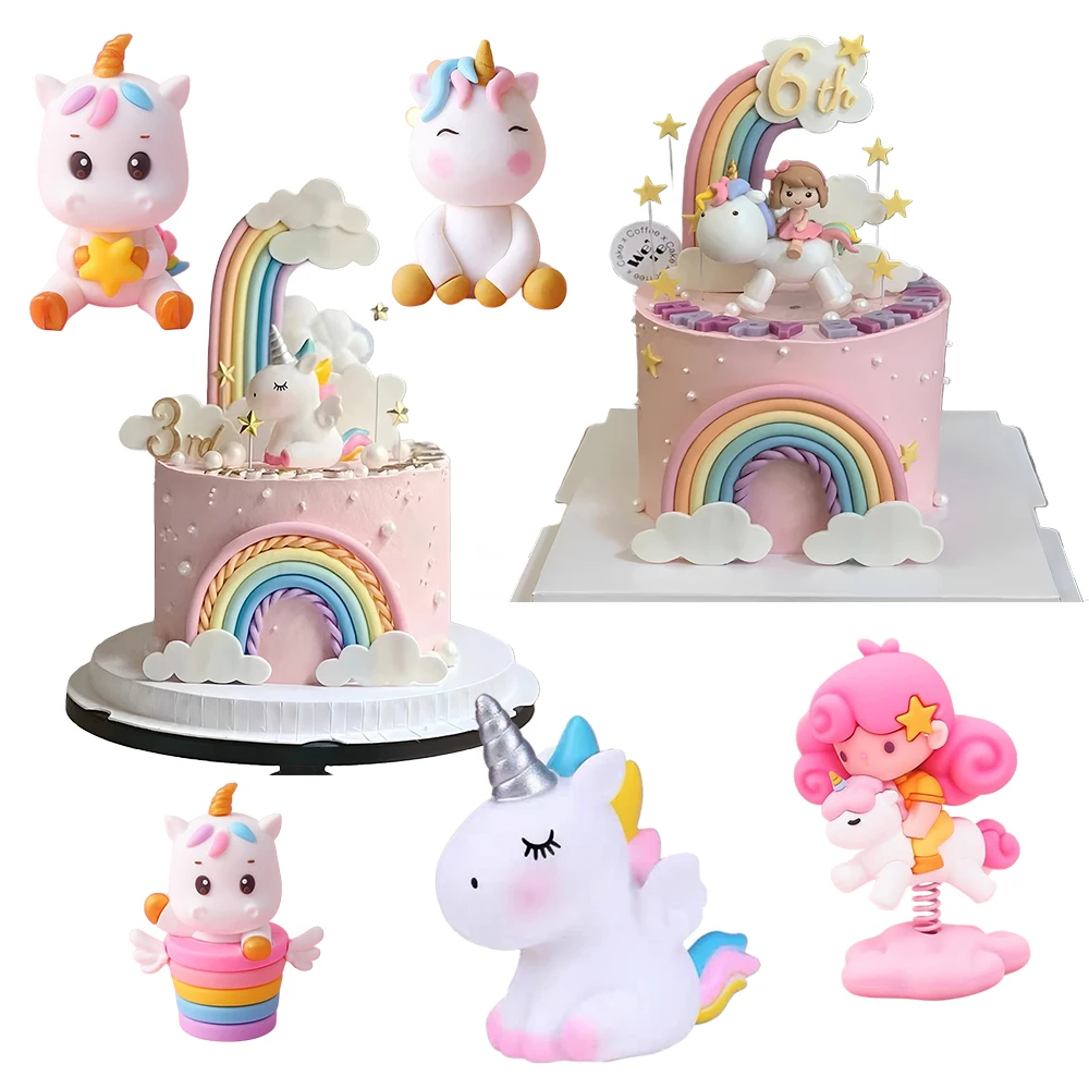 Adorno para tarta de unicornio y arcoíris con nubes y estrellas, decoración para tarta de feliz cumpleaños para niñas, fiesta de 1er año, tema mágico, Baby Shower
