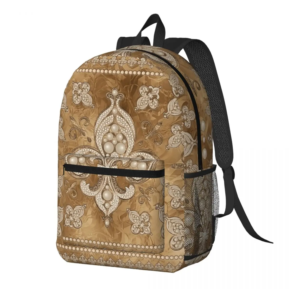 Fleur-de-lis Luxury Pearl And Gold Backpack Daypack Large Capacity Kids BookBag School Bag Shoulder Bags for Men Women