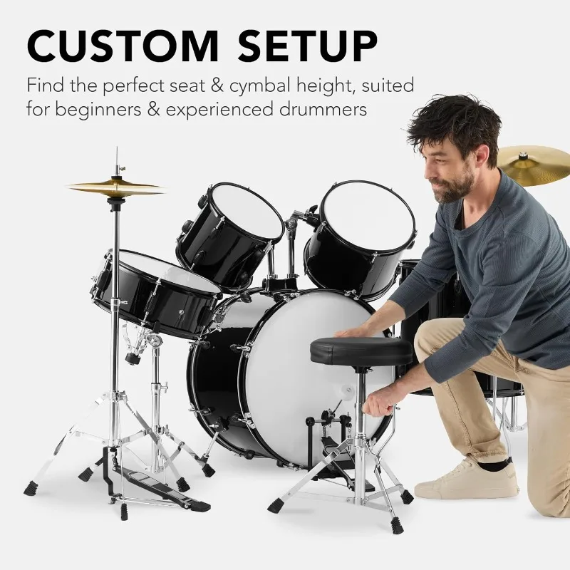 

5-Piece Full Size Complete Adult Drum Set W/Cymbal Stands, Stool, Drum Pedal, Sticks, Floor Tom - Black