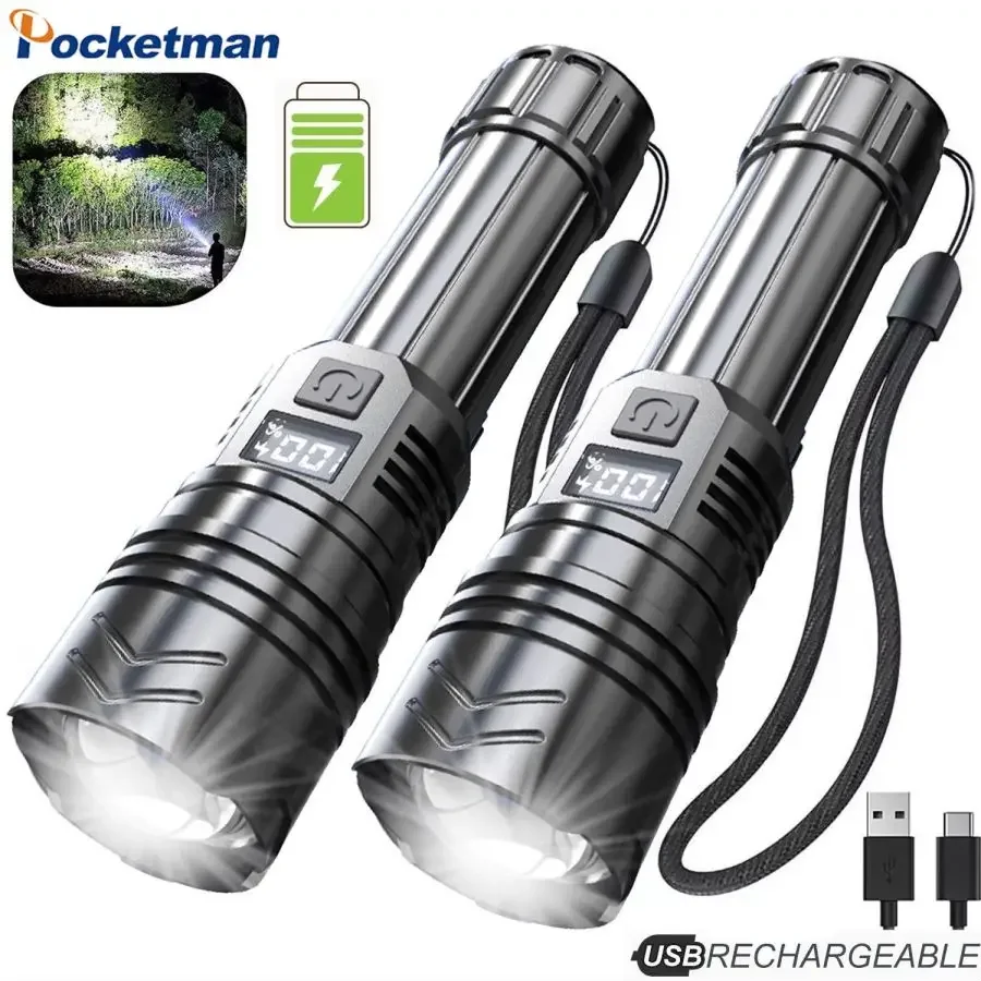 

1-2 Pack High Lumen LED Flashlight Outdoor Waterproof Torch USB Rechargeable 3 Modes Flashlights with Built-in Battery