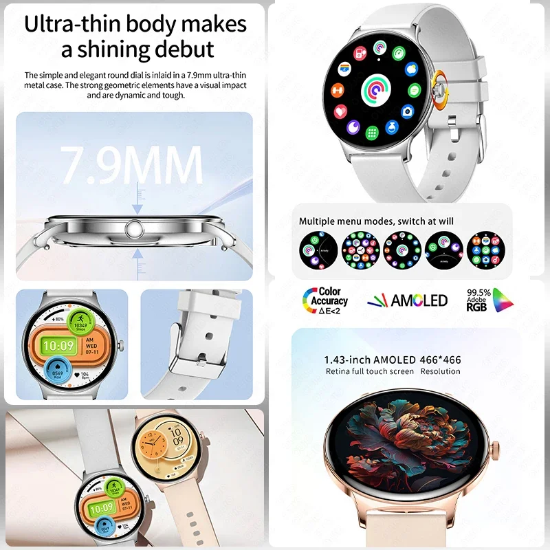 HD Stylish High-end Women Smart Watch 1.43" HD Screen 7.9 Ultra-thin  Bluetooth Call Sleep Monitoring 100+Sport Mode Smart Watch